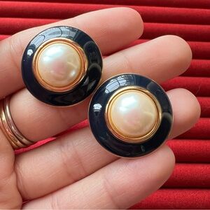 Monet Classic Navy and Faux Pearl Statement Clip On Earrings